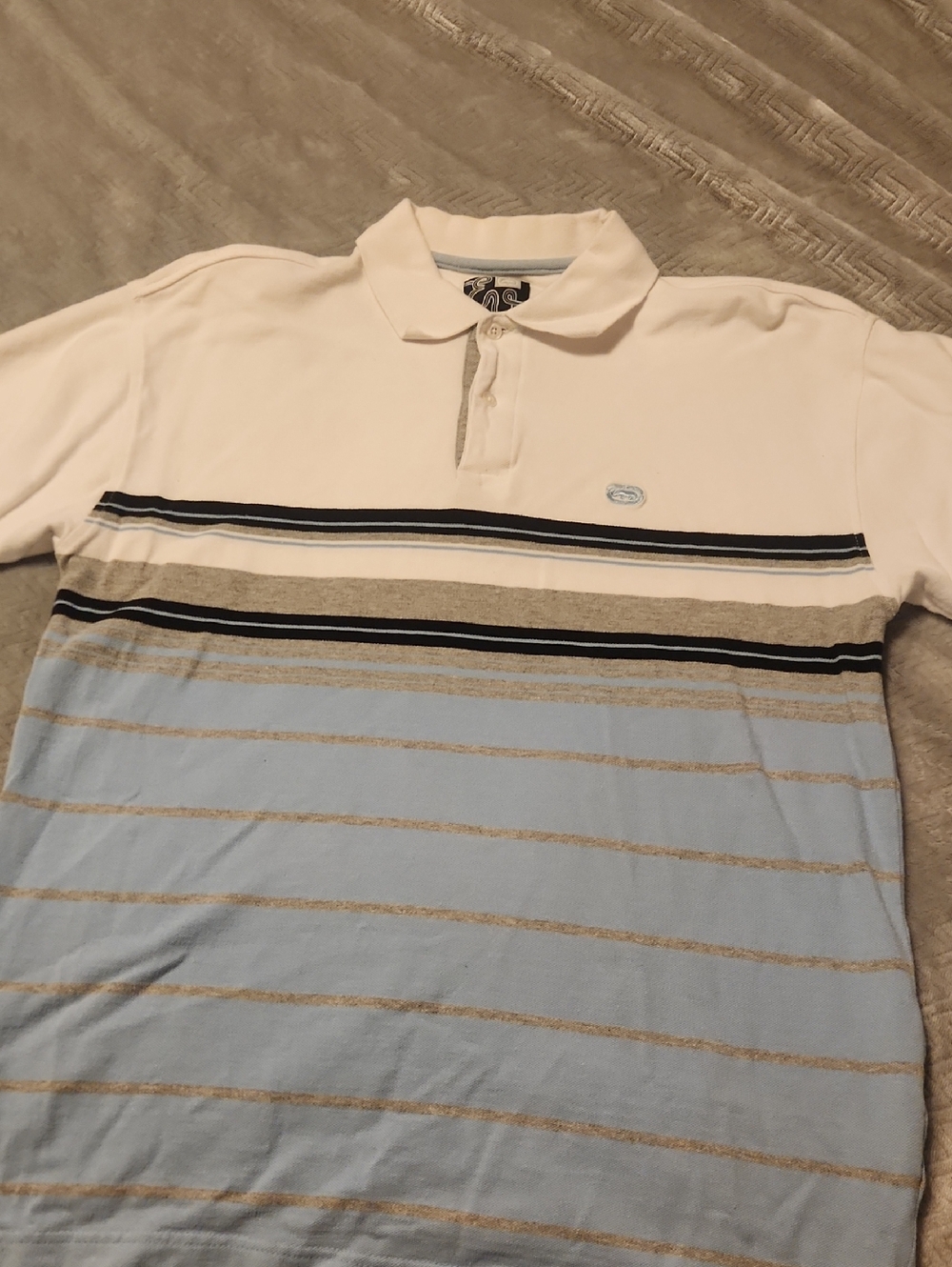 Ecko Unlimited Vintage White, Light Blue & Black Striped Polo